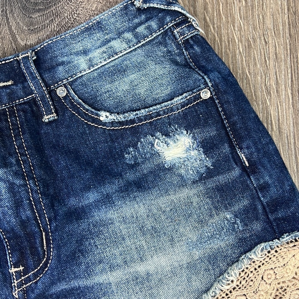 Free People Denim Jean Shorts Lace Hem Distressed 25 - Picture 3 of 8